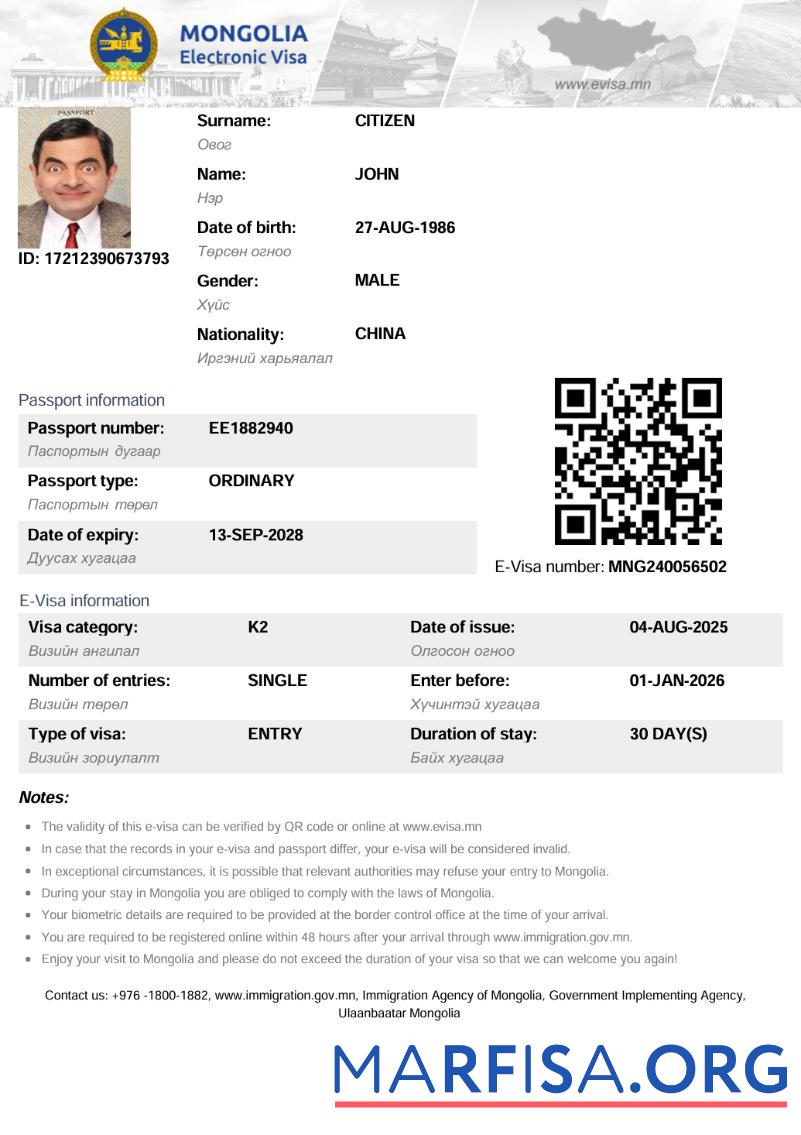 Blank Mongolia electronic visa template in Word and Pdf formats